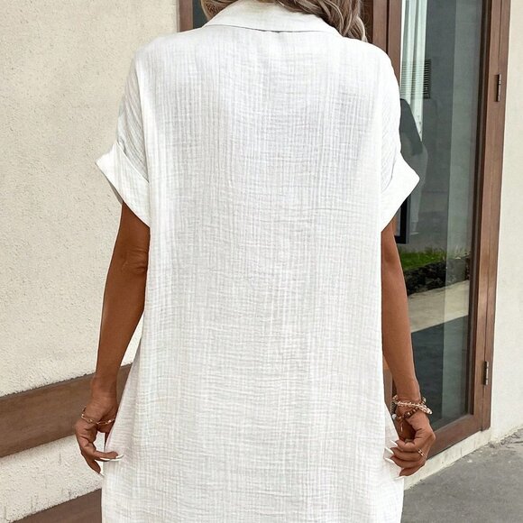 White Casual Women's Summer Solid Color Bat Wing Sleeve Pantshirt Dress - Picture 2 of 5